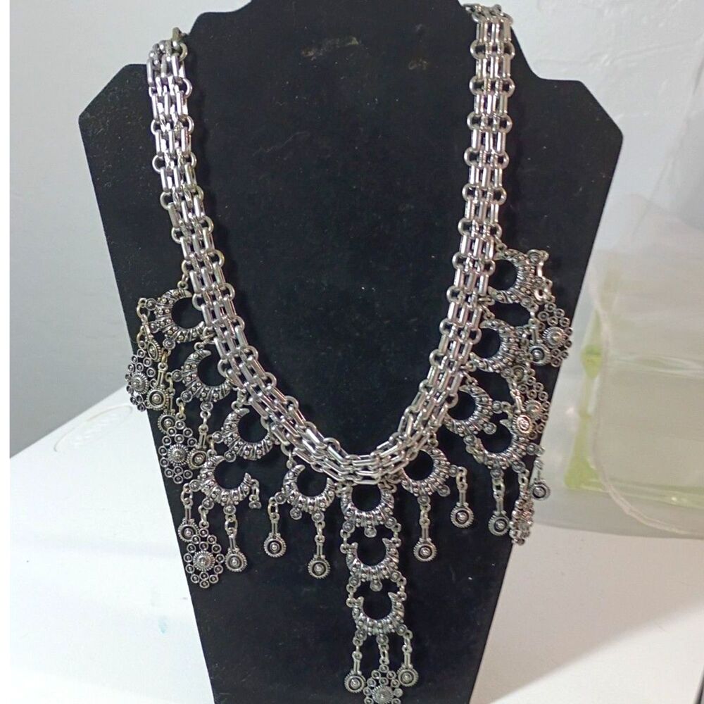 Silver Tone Openwork Bib Collar Necklace Antique Black Patina Finish